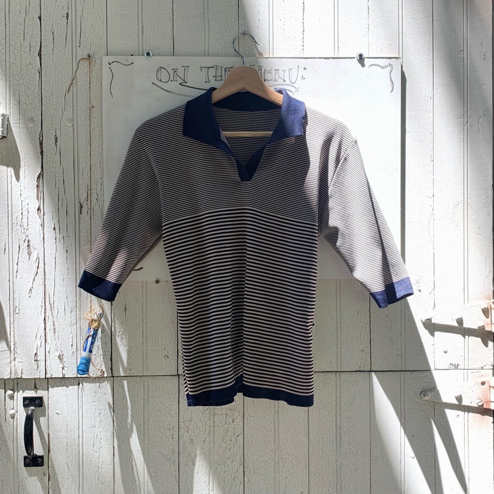 Retro 70s Knit Navy & Cream Striped Collared Short Sleeve Knit Top size L